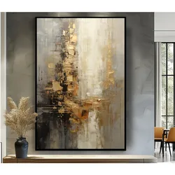 100% Hand Painted,Gold, Grey, Beige, Black ,Textured Painting, Acrylic Abstract Oil Painting, Wall Decor Living Room, Office Wal