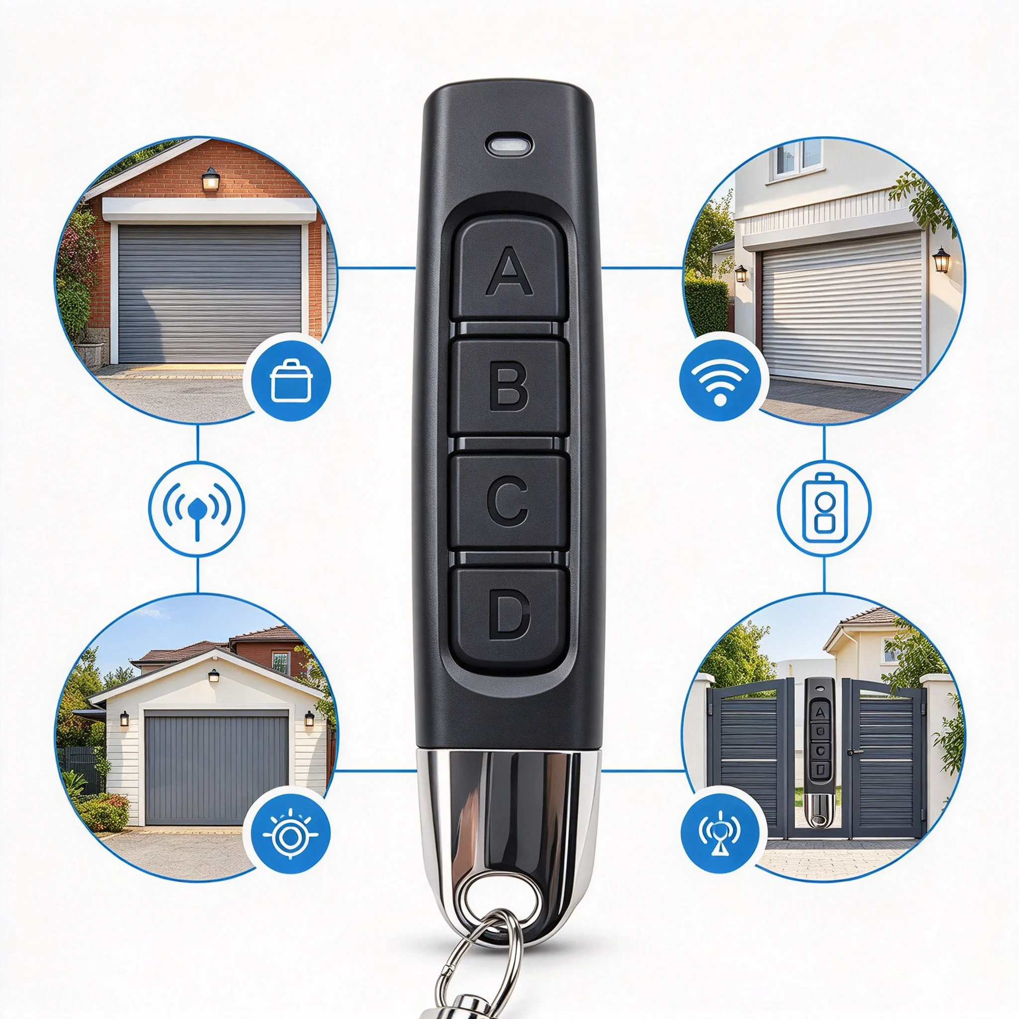 433MHz 4-Keys Wireless Remote Keychain, Stable Signal Controller for Garage Door Rolling Shutter Gate Alarm