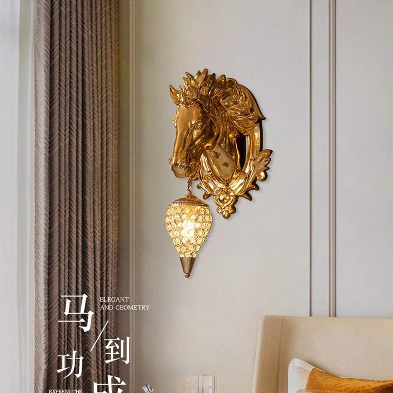 

Electroplated Horse Head Wall Lamp Light Gold Luxury Living Room Wall Corridor Aisle Lamp European Creative Animal Led Wall Lamp