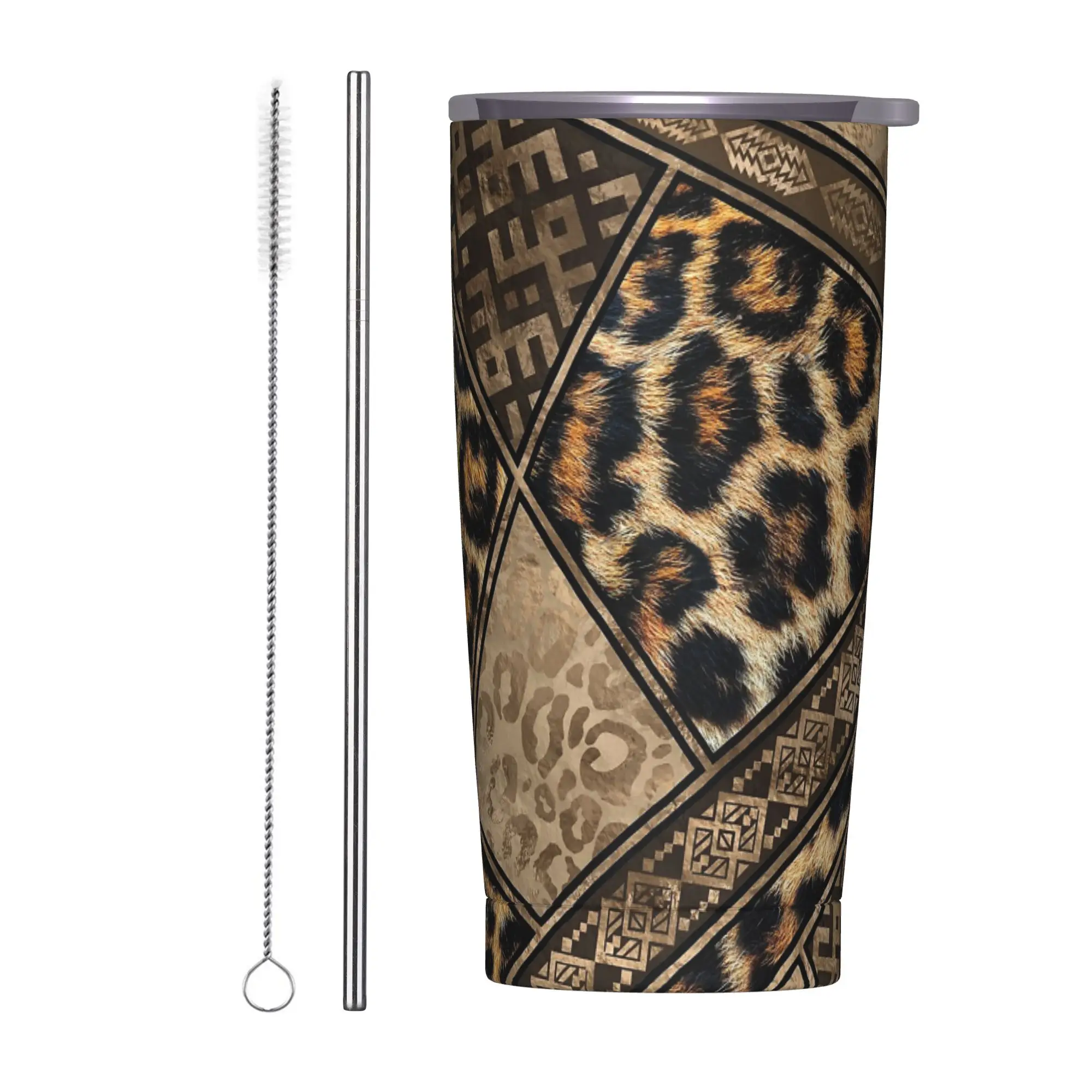 Leopard Fur with Ethnic Ornaments Insulated Tumbler with Straws Brown Stainless Steel Coffee Mugs Double Wall Bottle Cup, 20oz