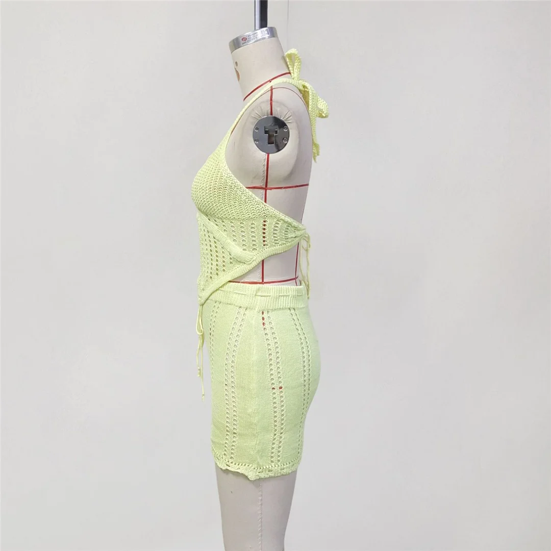 Halter V-Ausschnitt Häkel-Strick-Zweiteiler Tunika Strand-Überwurf Strandkleid Strandmode Damen V8239 – Detail 7