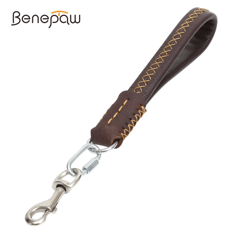 Benepaw Genuine Leather Short Dog Leash Durable Comfortable Padded Handle Pet Lead Rustproof Hook Great Control For Walking