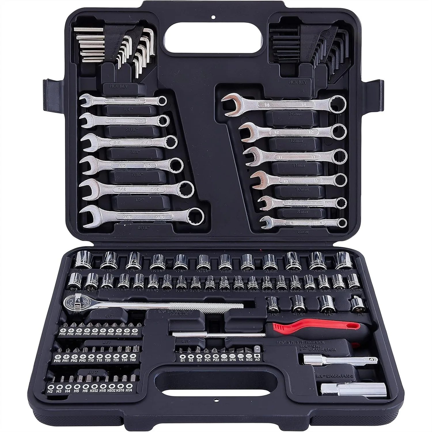 121 Piece Mechanic Tool Set, 1/4 & 3/8 Inch Drive Socket Wrench Kit, SAE & Metric, for Auto Repair and Home Maintenance