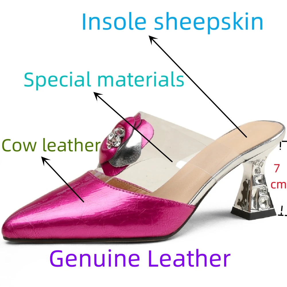 【JICHEBED HU】Women Genuine Leather Mules Pointed Toe Thick High Heel Flower Crystal Transparent Ladies Fashion Shoe Summer 34-40