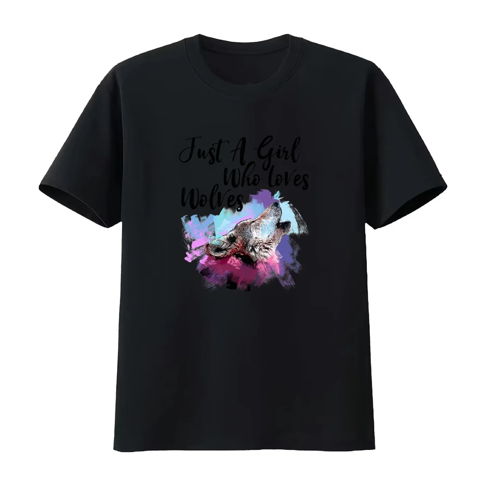 Howling Wolf Watercolor - Just A Girl Who Loves Wolves T-Shirt Summer Casual Cotton Tee Oversized Streetwear Tops 100% Cotton