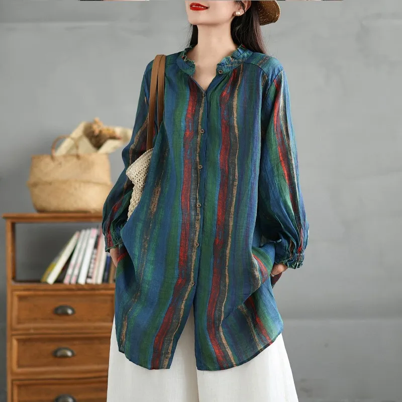 Women Casual Long Shirt New Arrival 2024 Autumn Chinese Style Vintage Striped Loose Comfortable Female Tops Shirts B3944