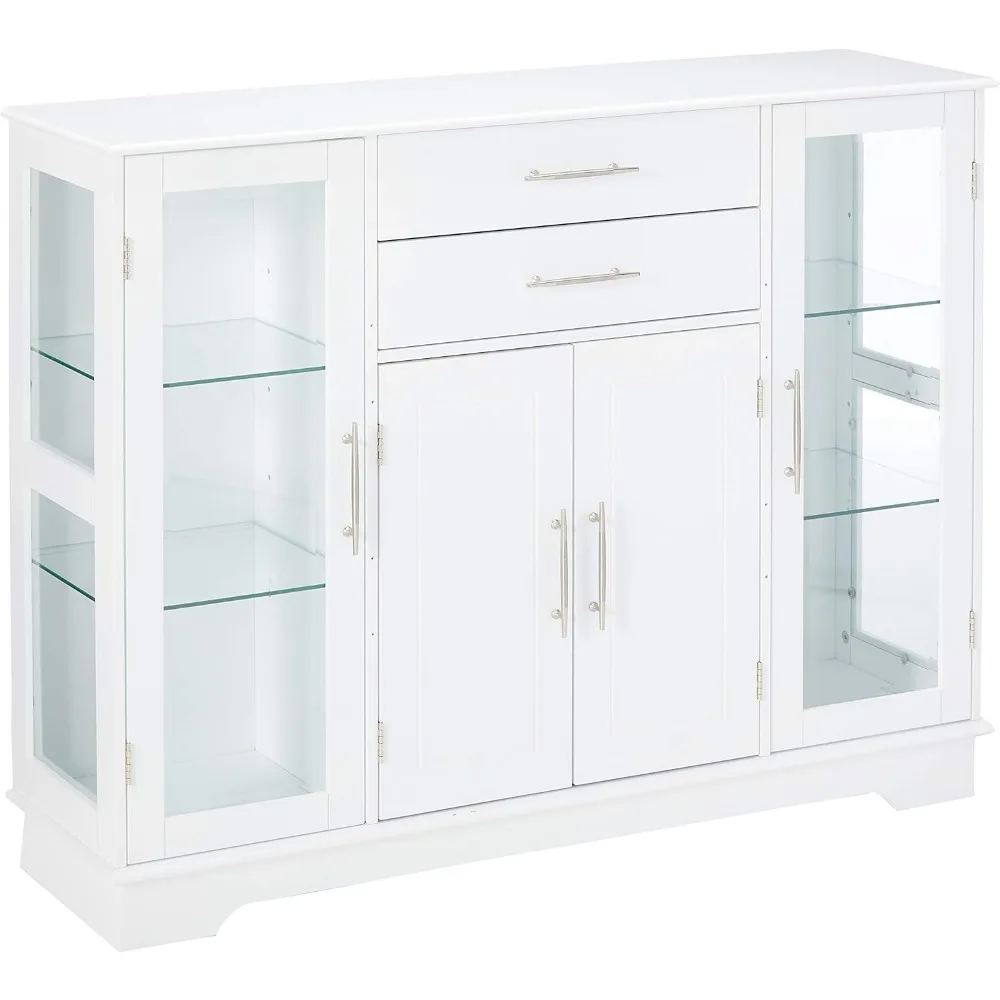 Kitchen Storage Cabinet Buffet with Glass Doors, White,