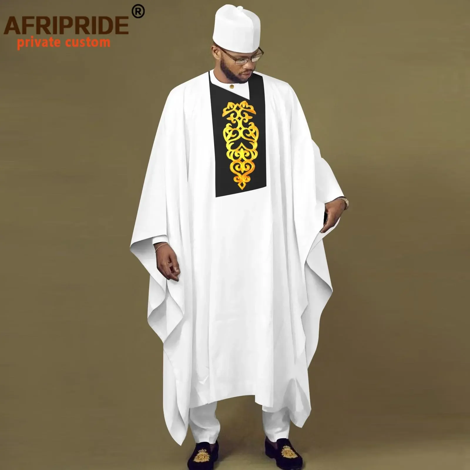 Pakaian tradisional Afrika untuk pria bordir kemeja Agbada celana dan topi 4 potong Set pakaian Dashiki untuk pernikahan A2316048