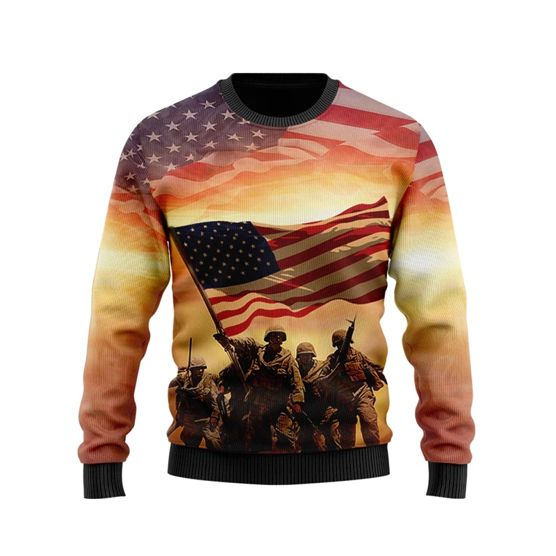 American Veteran Ugly Christmas Sweater For Men Clothes Casual Male Streetwear USA Soldier Graphic Sweatshirts Autumn Unisex Top