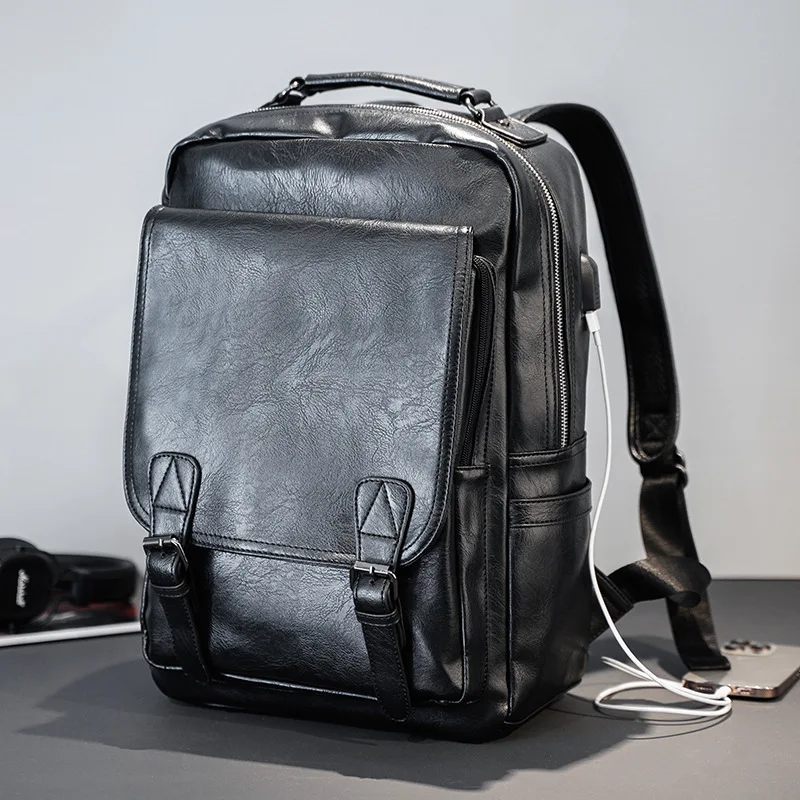 Fashion Leather Men Backpack Business Male 15.6\