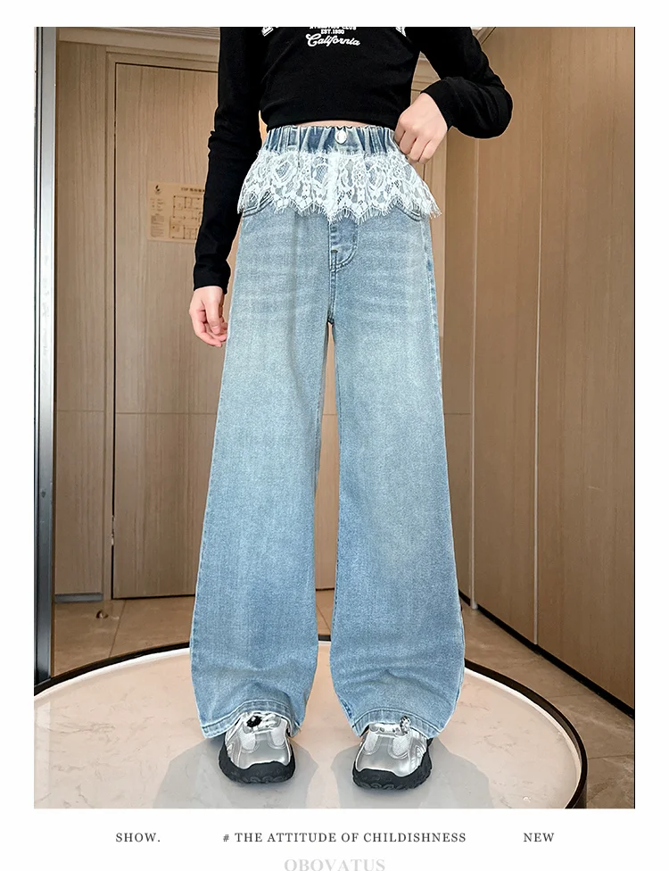 Spitzenjeans für Mädchen, Modische Kleidung für Teenager, Einfarbige, Lose Kinderjeans mit Weitem Bein, Hohe Taille, Spitzendesign, Kinderhose – Detail 4