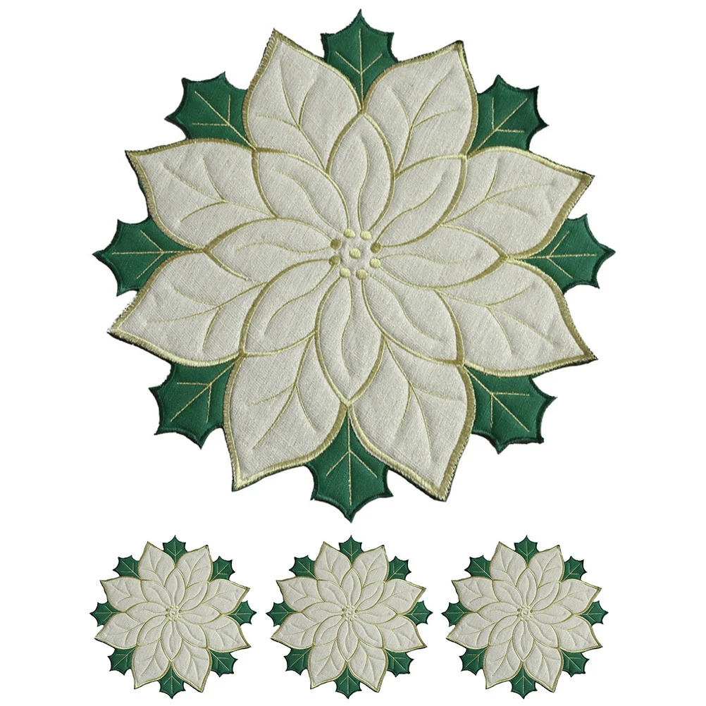 

4Pcs Decorative Placemats Christmas Dinner Table Mat Embroidered Poinsettia Pattern Insulated Reusable Plate Mat for Home Party