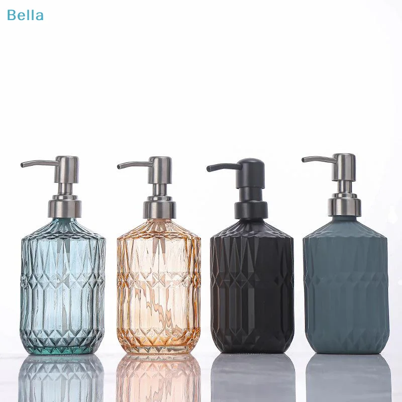 ♩Glass Hand Soap Dispenser With Diamond Textured And Rustproof Pump For Bathroom Kitchen Countertop