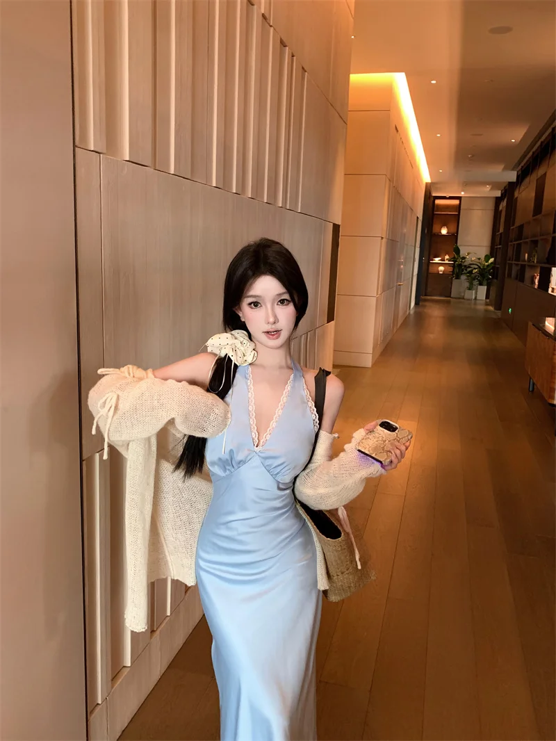 

Kumikumi Pure Desire Style Women's Spring Outfit Long Sleeve Loose Cardigan And Lace Trim Dress Two-Piece Set Fashionable Cas...