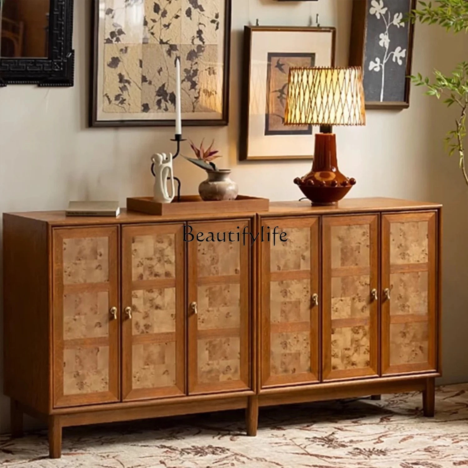 

French Retro Sideboard Vintage French Tree Bark Leather Antique Solid Wood Walnut Color Storage Floor Cabinet