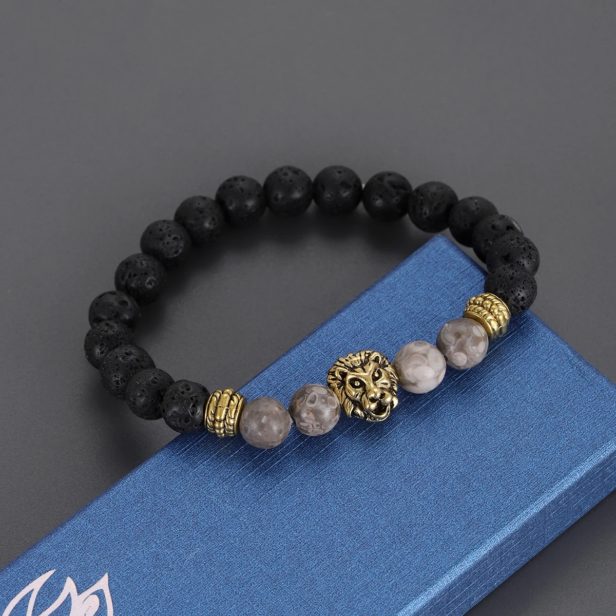 New Lava Stone Lion Bracelet for Men Retro Fashion Tiger Eye Obsidian Beads Reiki Healing Bracelets Women Party Jewelry Gifts