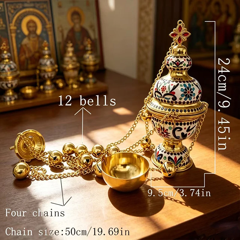 24cm Gold Plated Orthodox Thurible Incense Burner with Colorful Enamel Floral Design & 12 Bells for Priest Liturgy Church Altar