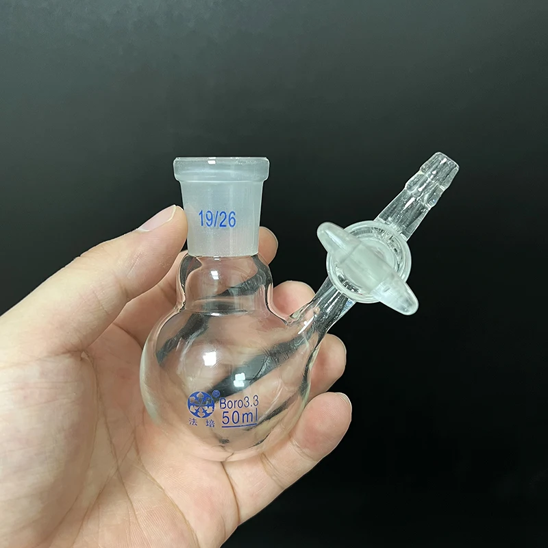 FAPE Single standard ground mouth reaction ball bottle, Capacity 50mL, Joint 19/26, Glass switch valve, Reaction flask