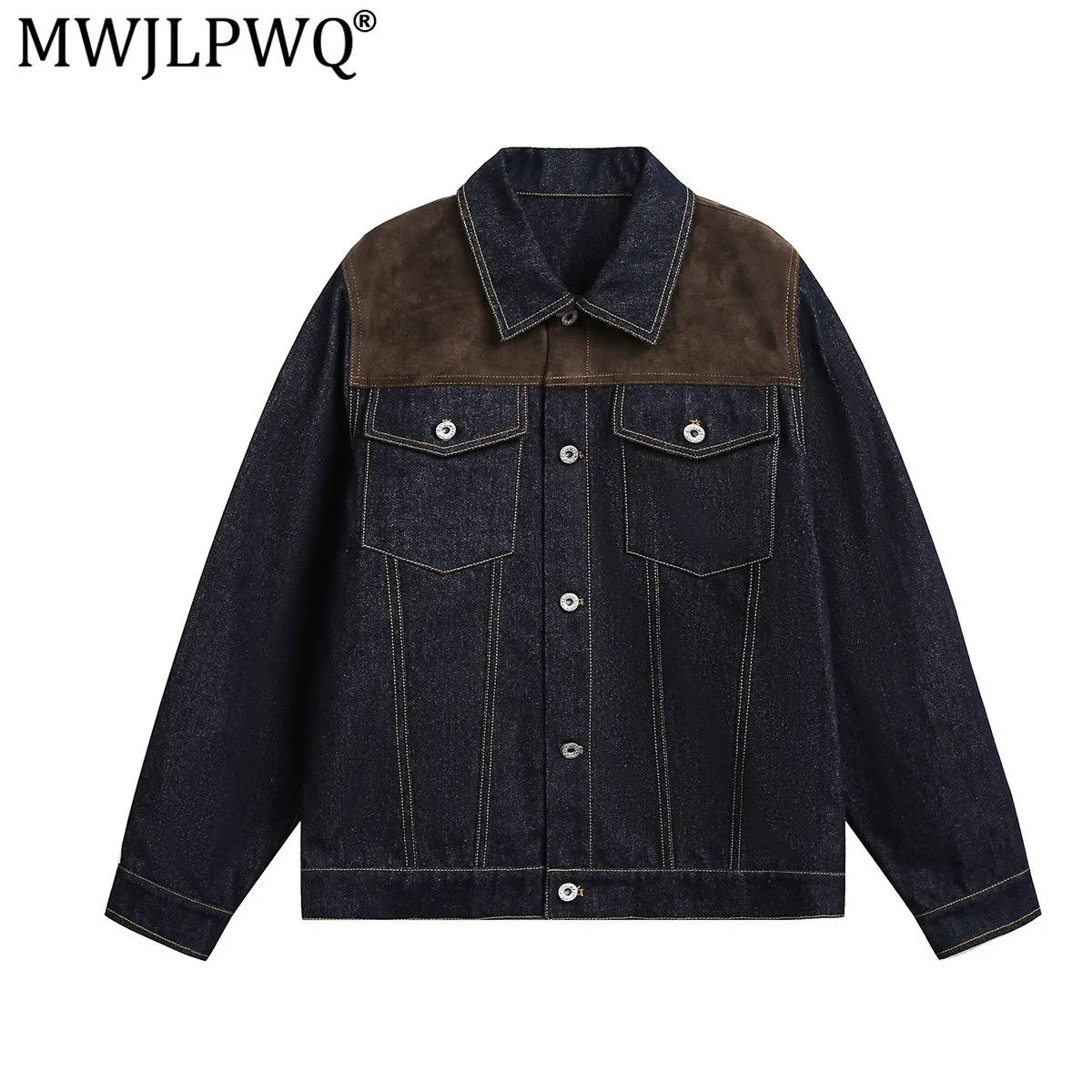 MWJLPWQ American Street Style Boxy Washed Denim Jacket For Men Autumn Turn-Down Collar Stylish Workwear Loose Casual Coat 20820