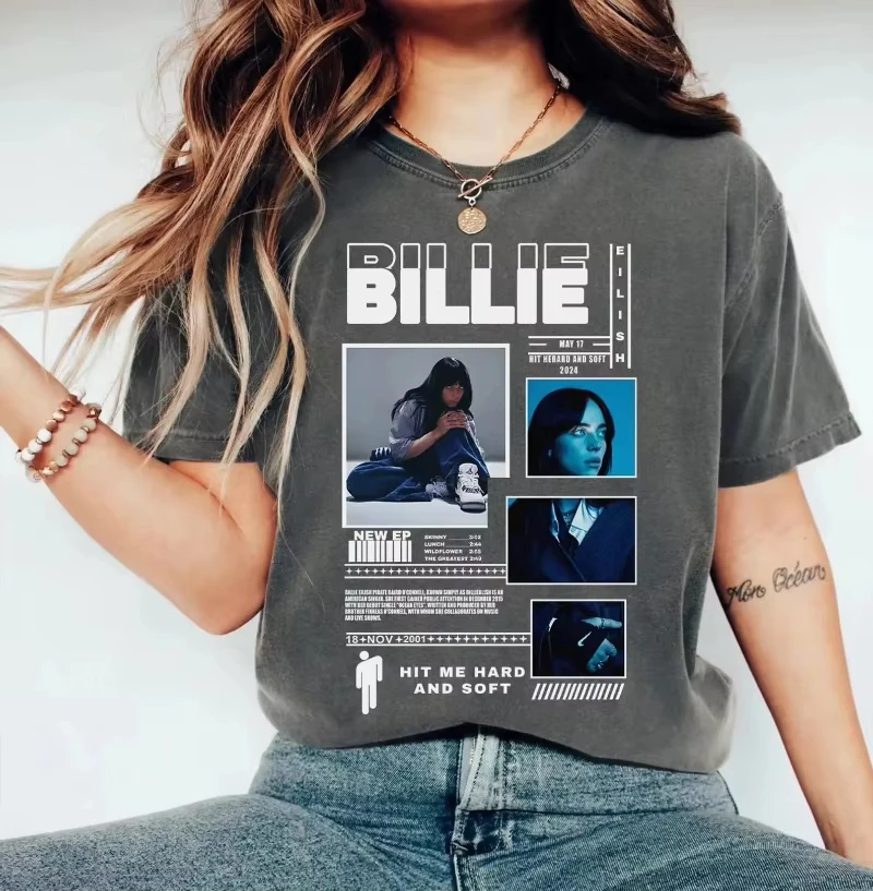 Billie Eilish Muster-Sommer-T-Shirt, bedrucktes Muster-T-Shirt, Y2K, locker, beliebt, Street-Casual, bequem, kurzärmeliges Hemd – Detail 4