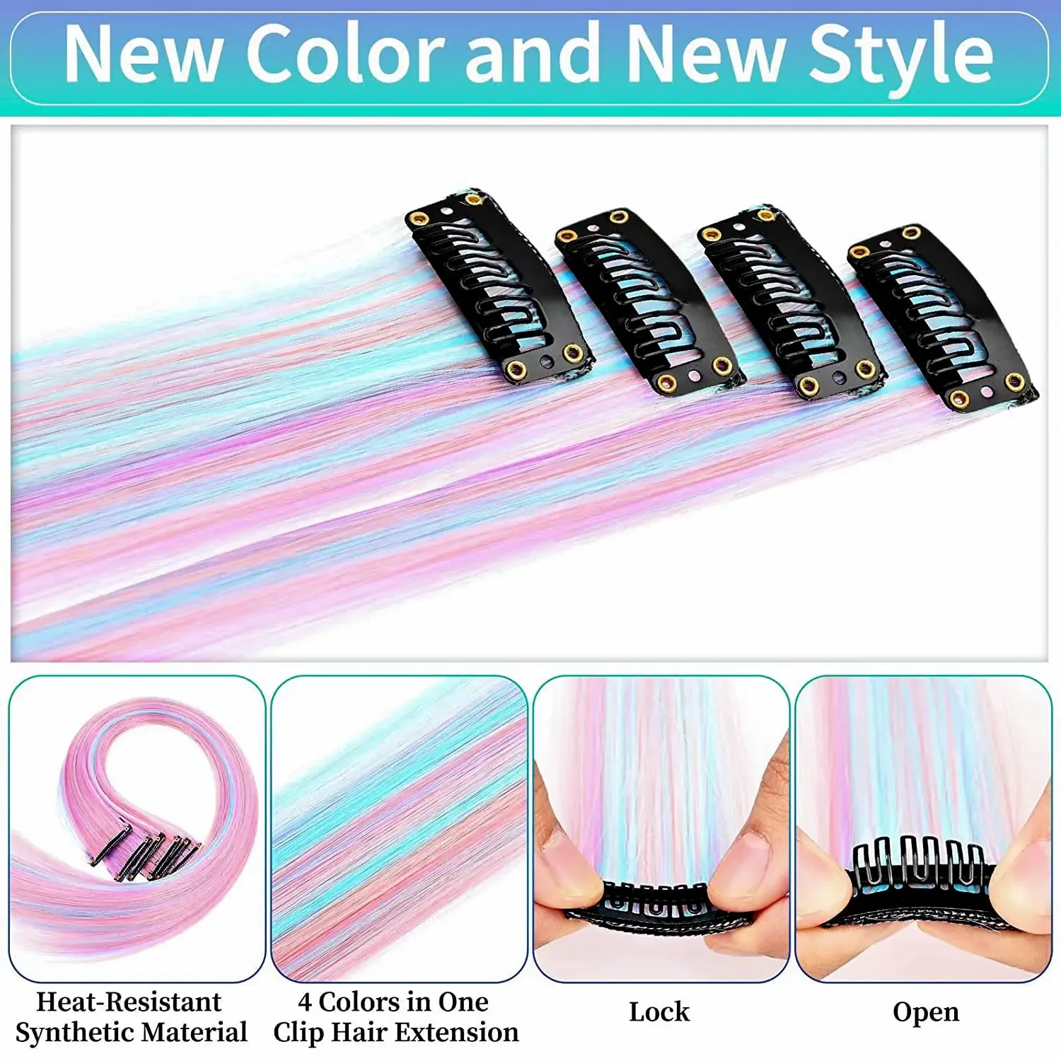 10 PCS Highlights Colored Hair Extensions Clip In Party Hair Accessories Straight Rainbow HairPiece Extensions for Girls Women