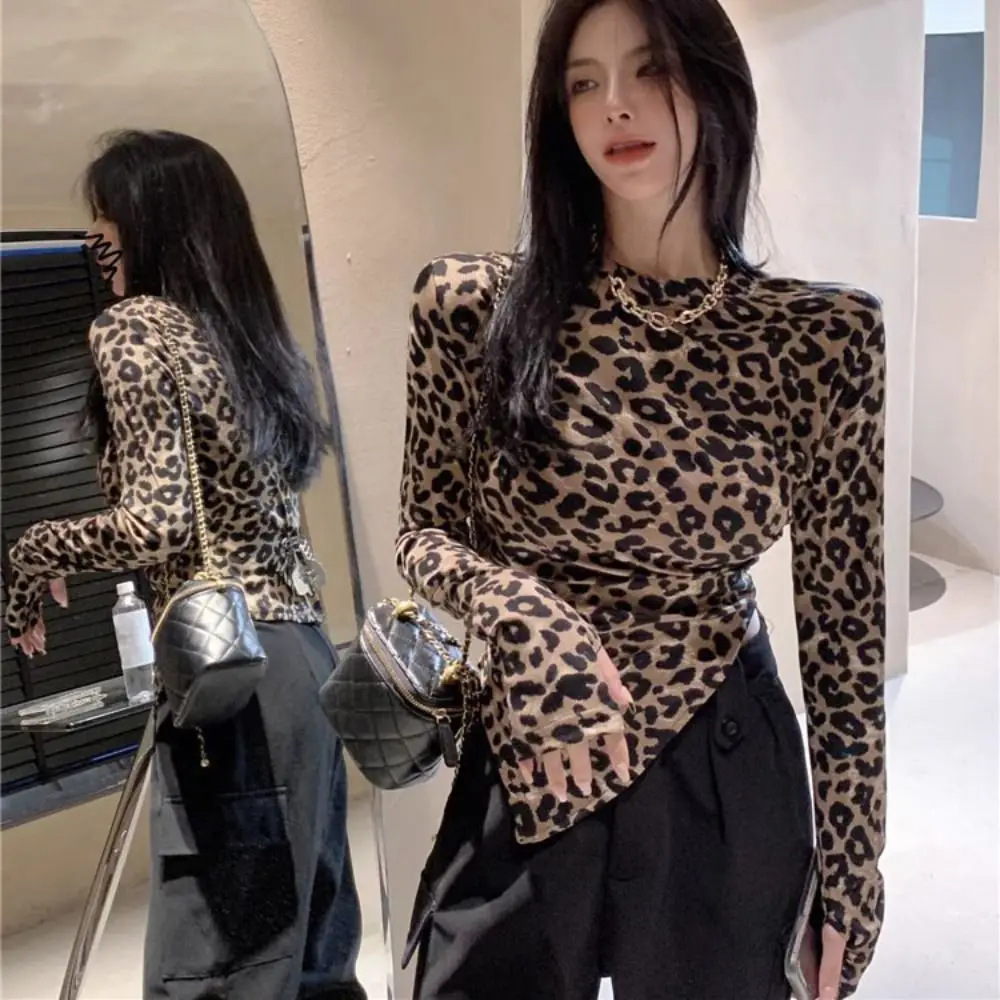 

Irregular Leopard Crop Top Bottoming Shirt Slim Fit Halter Cheesy Tops Female Clothing Ins Leopard T-Shirt Women Female
