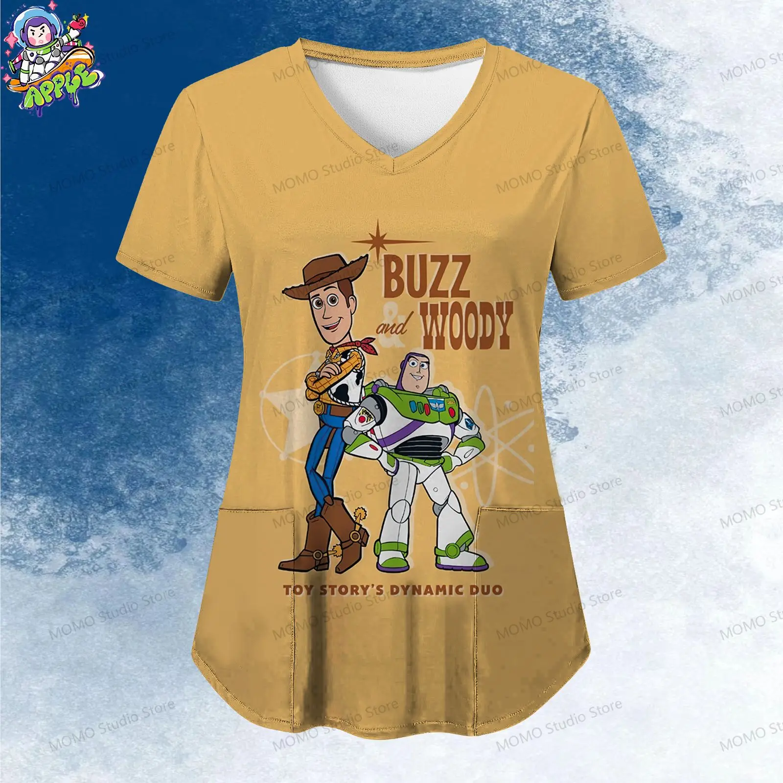 

Women's V Neck Nurse Uniform T-Shirt Pocket Disney Toy Story Summer Leisure Kawaii Y2k Short Sleeve Tee Woman Clothing S-2XL