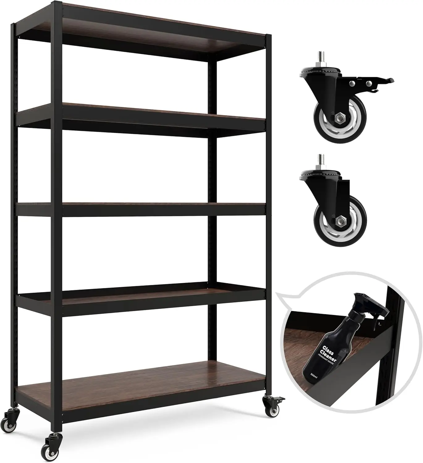 House 5-Tier Metal Rolling Cart Shelf Rack Casters Heavy Duty Wheel Shelving Unit Adjustable Utility Storage Shelves Organizer