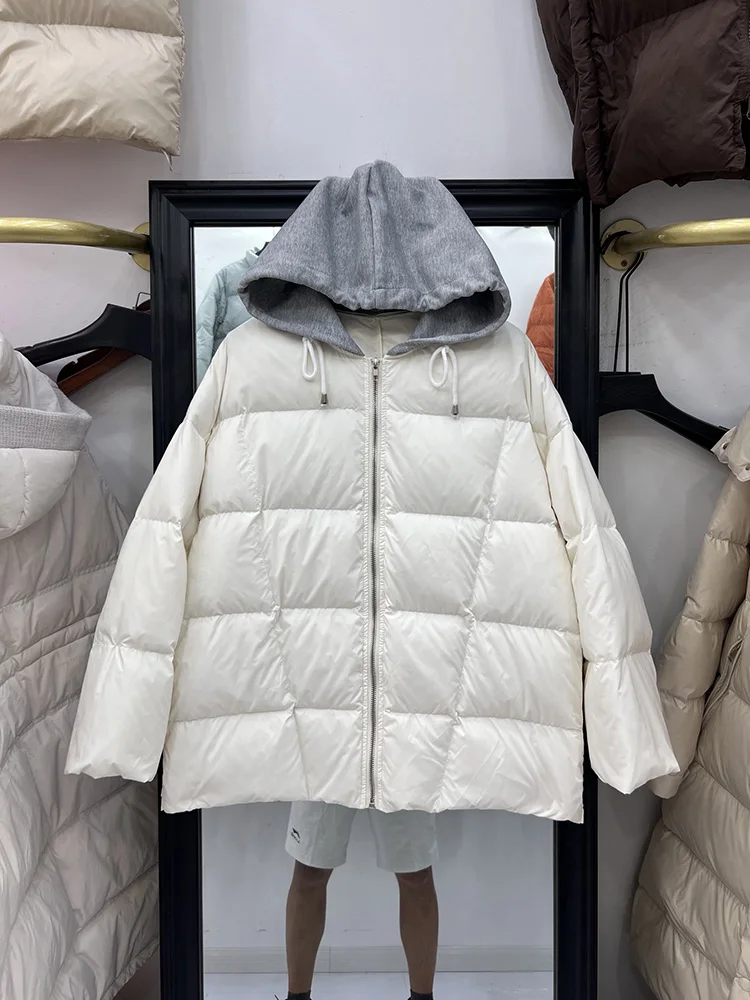 

2025 new down jacket for women medium to long style spliced hooded knitted color blocking bread white duck down jacket