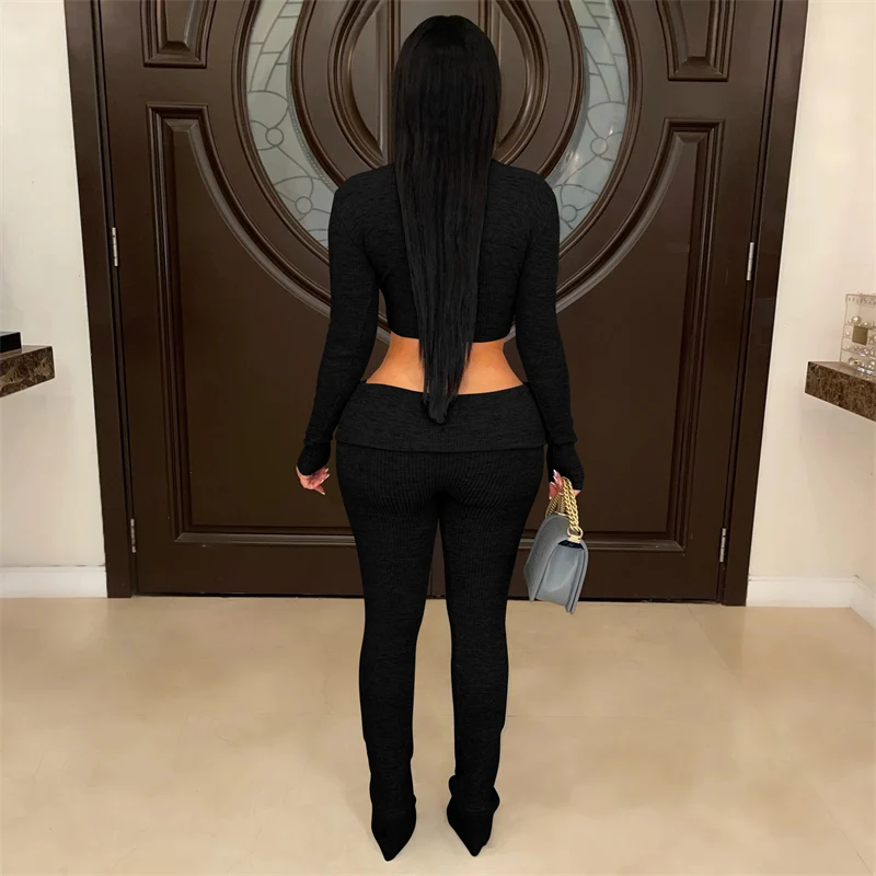 Solide gestrickte gerippte zweiteilige Set Frau Trainingsanzug Club tragen Langarm Reißverschluss Rollkragen Crop Top und Hosen passende Sets Outfits