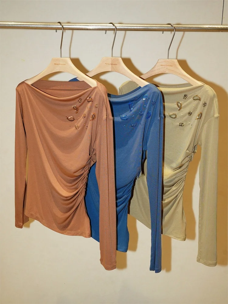 

Женская винтажная футболка с длинным рукавом, эластичными сборками на плечах и шнурком, свободного кроя, из полиэстера, вискозы и спандекса