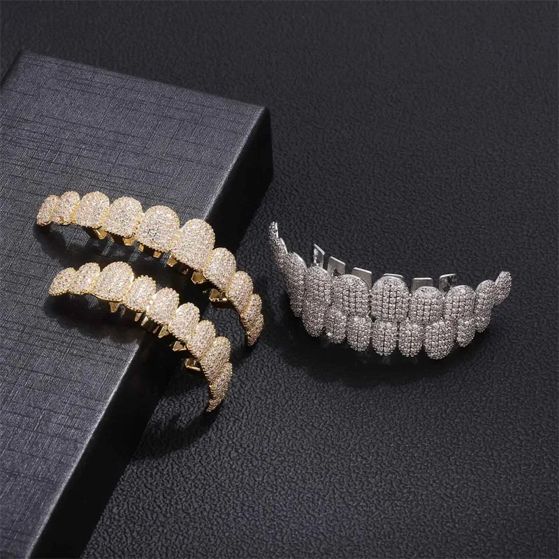 

Hip-Hop Braces Jewelry 14K Real Gold Plated Copper Zirconium Jewelry Exaggerated Rap Props Braces Accessories Christmas Gift