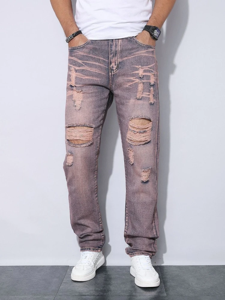 Men's Purple Ripped Jeans Streetwear Slim Fit Denim Pants Casual Hip Hop Destroyed Trouser Autumn Winter Fashion