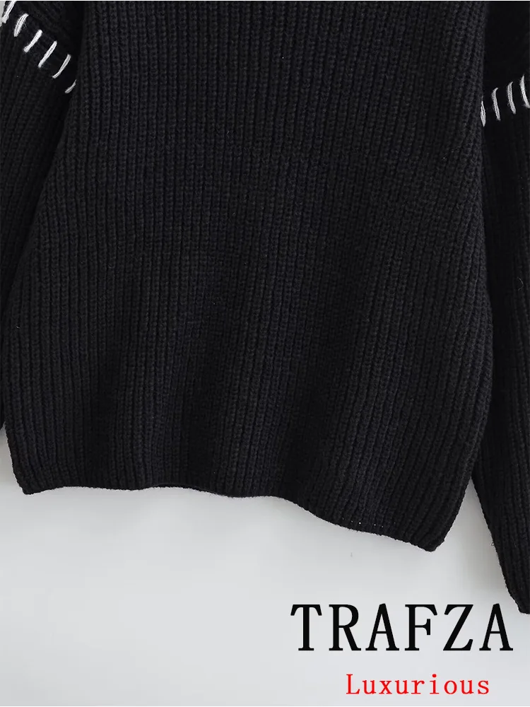 TRAFZA Vintage Casual Women Sweater Solid O-Neck Spliced Long Sleeve Knitted Loose Sweater Fashion 2024 Autumn Holiday Sweater