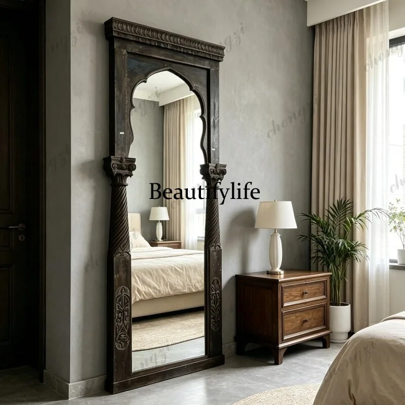 Retro European arched full-length mirror vertical carved decorative full-length mirror bedroom living room floor fitting mirror