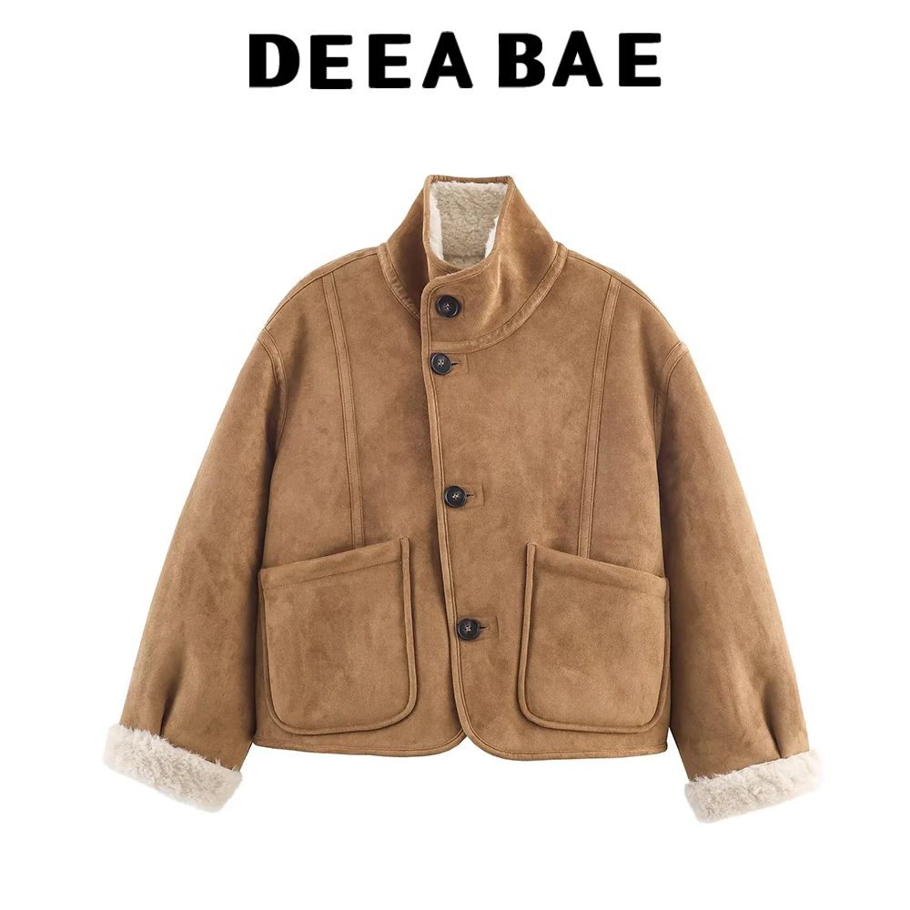 DEEABAE Wearing lamb wool on both sides thickened fur one-piece short jacket new autumn and winter lamb fleece jacket for warmth