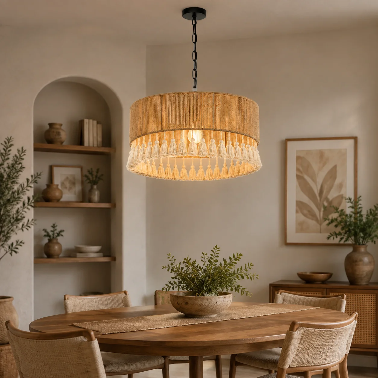 JOYINLED 50CM Boho Hemp Rope Chandelier with Fringe Tassels E27 Farmhouse Pendant Light for Dining Room Bedroom Living Room