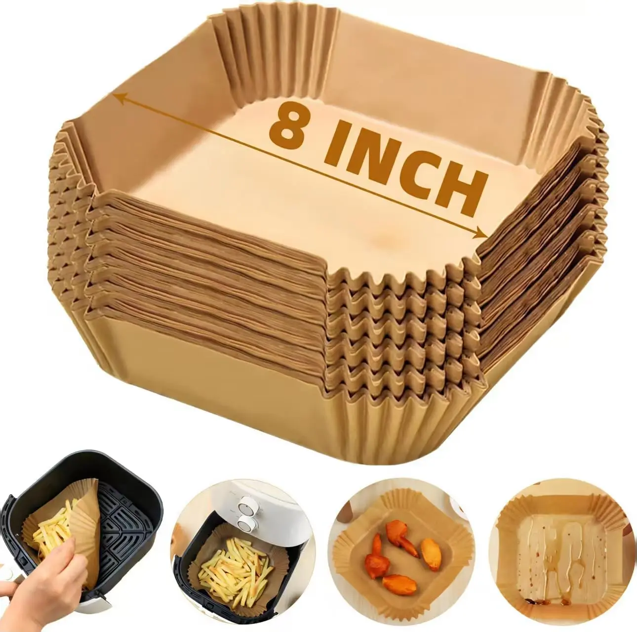 

Disposable Nonstick Paper Liners for Air Fryer Baking Roasting Microwave 200PCS 8 Inch Square Oil Water Proof Food Grade