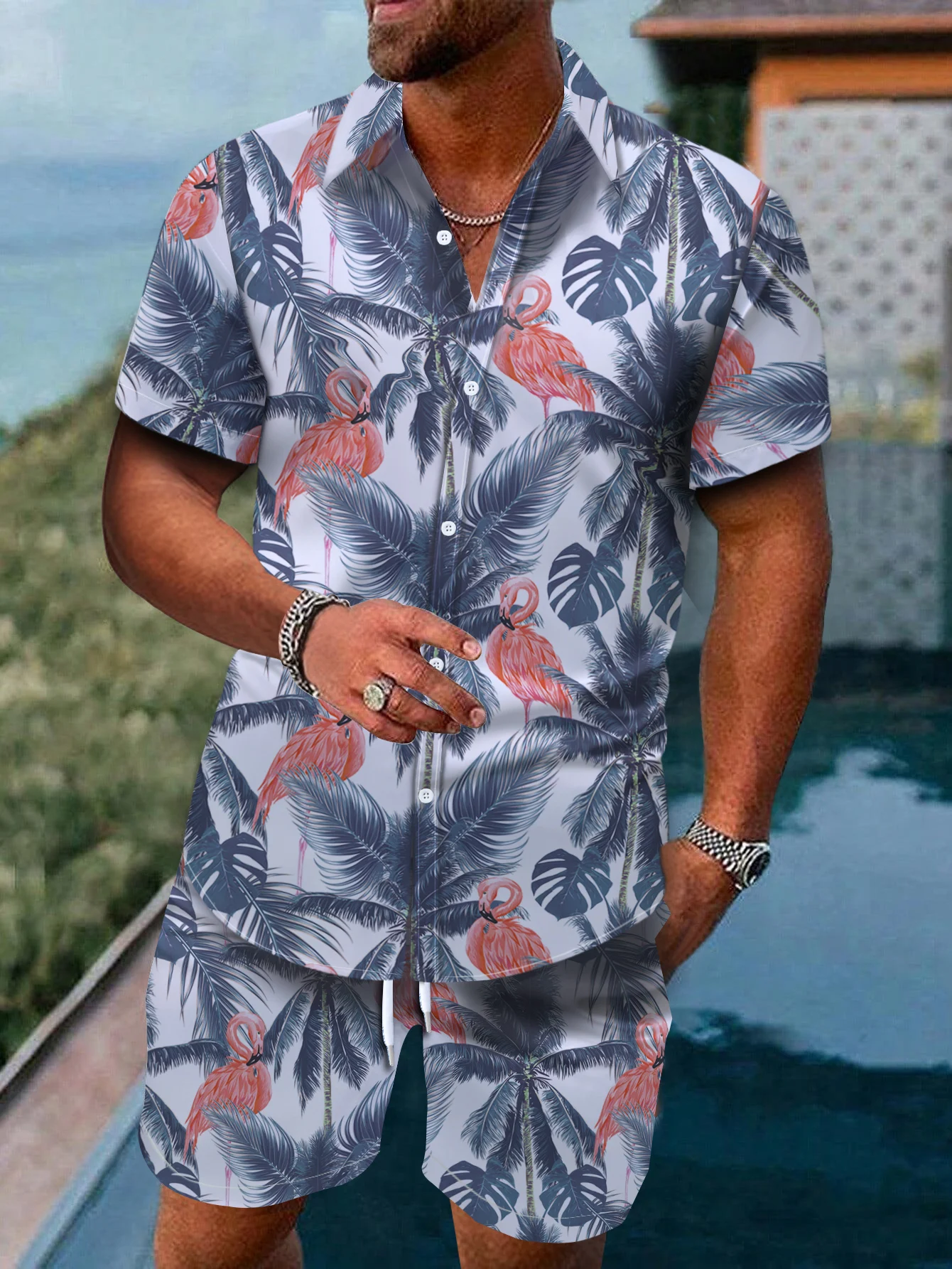 

Men's flamingo and Coconut Tree printing shirt Short Sleeve Casual Shirt Beach shirt and Shorts sets Summer Hawaiian Suits