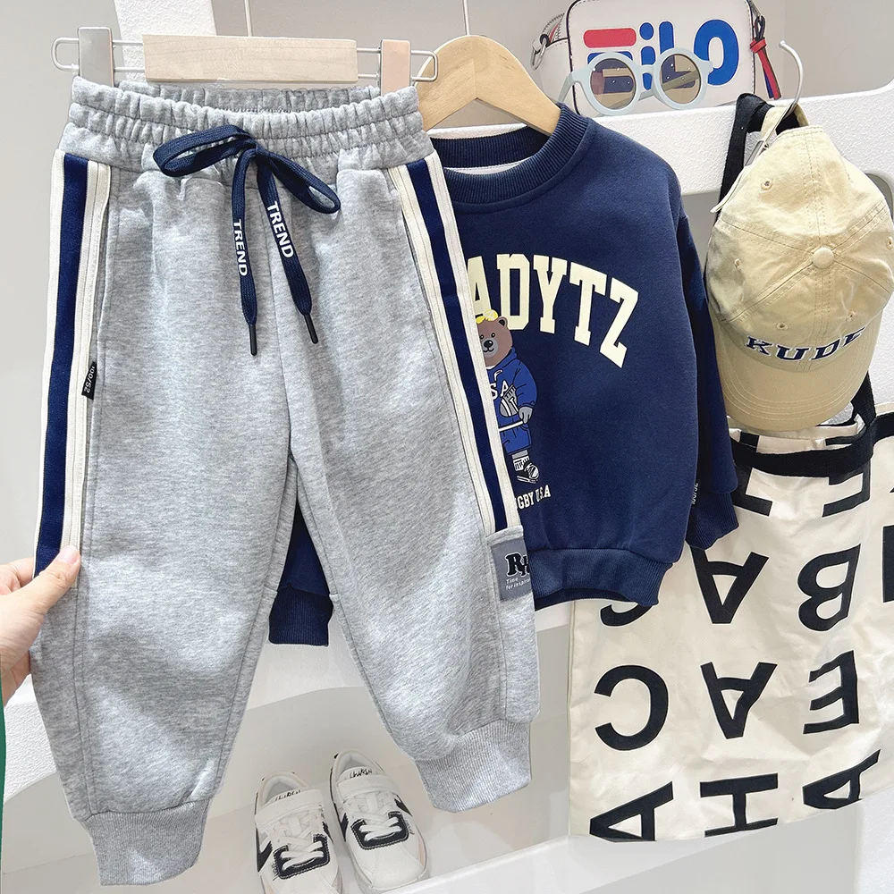 Children Boy Sticker Sweat Pants Spring Autumn New Striped Patched Drawstring Kid Boys Trousers Loose Students Boys Jogger Pants