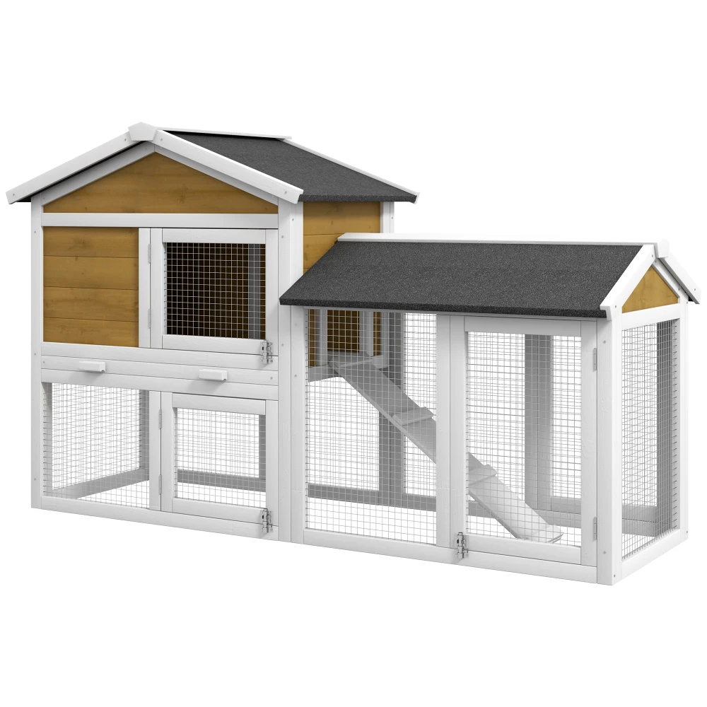 

PawHut 58" Rabbit Hutch: Wooden Small Animal Cage with Run, Tray, Asphalt Roof, Lock Doors & Ramp