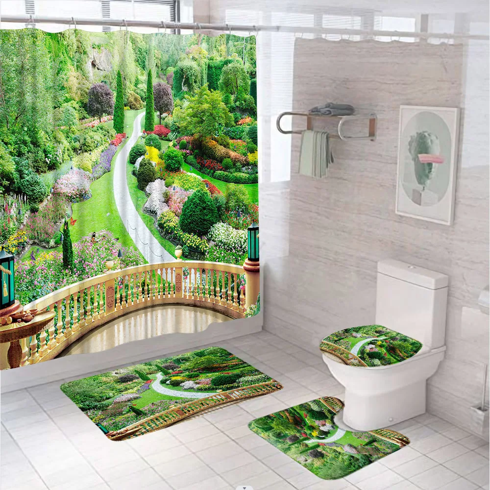 4Pcs Green Plants Garden Shower Curtain Set 3D Park Scenery Bathroom Curtains Non-Slip Bath Mat Rug Lid Toilet Cover Home Decor