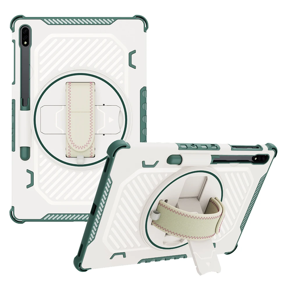 

Kickstand Case for Samsung Galaxy Tab S9+ / S8+ / S7+ / S7 FE PC + TPU Shockproof Tablet Cover with Hand Strap / Pen Slot - Gree