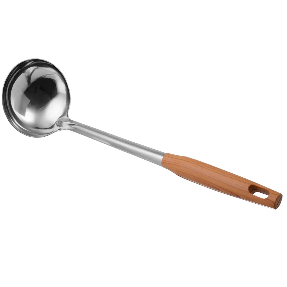 

1pc Stainless Steel Heat Resistant Soup Long Handle Ladle For Hot Pot Kitchen Utensils Ramen Spoon Wood Pattern Handle