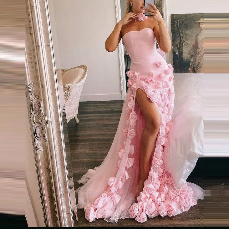 Elegant Pink Floral Evening Dresses Strapless Sweetheart Handmade Flowers Side Slit Mermaid Women Gala Dress Formal Occasion