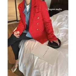 Women Tweed Jacket Blazer 2023 Clothing Chic and Elegant New Suit Coat Red Luxury Tops Fashion Spring Korean Slim Stylish Crop