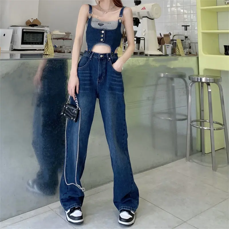 Women Sets 2 Piece Denim Square Collar Camis Retro Jean Streetwear Popular Korean Style Loose High Waist Young Ulzzang Chic Ins