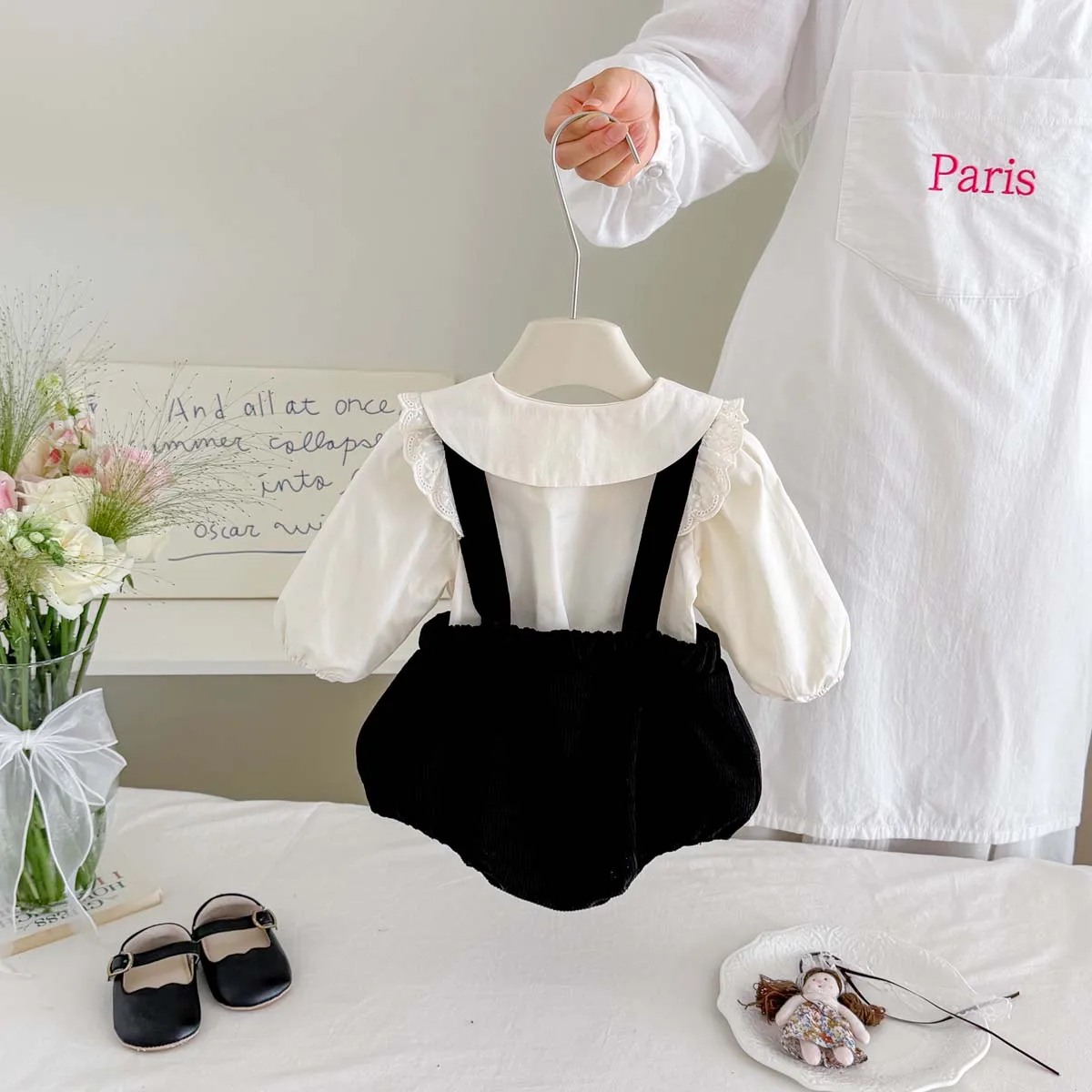 Baby Girl Spring Autumn 2Pcs Set Doll Collar Long Sleeve Shirt+Lace Corduroy Bib Triangle Overalls Suit,Newborn Photo Shoot Outfits