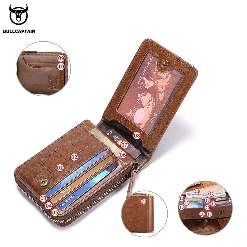 BULLCAPTAIN 정품 가죽 남성용 지퍼 지갑 RFID 차단 이중 지갑 ID 창 지퍼 동전 주머니가있는 신용 카드 홀더