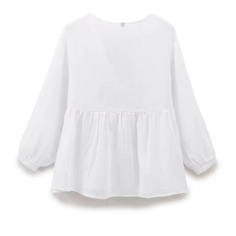 KEYANKETIAN-camisa bordada de retazos de encaje para mujer, Jersey de manga farol con cuello en V, color blanco, novedad de 2024